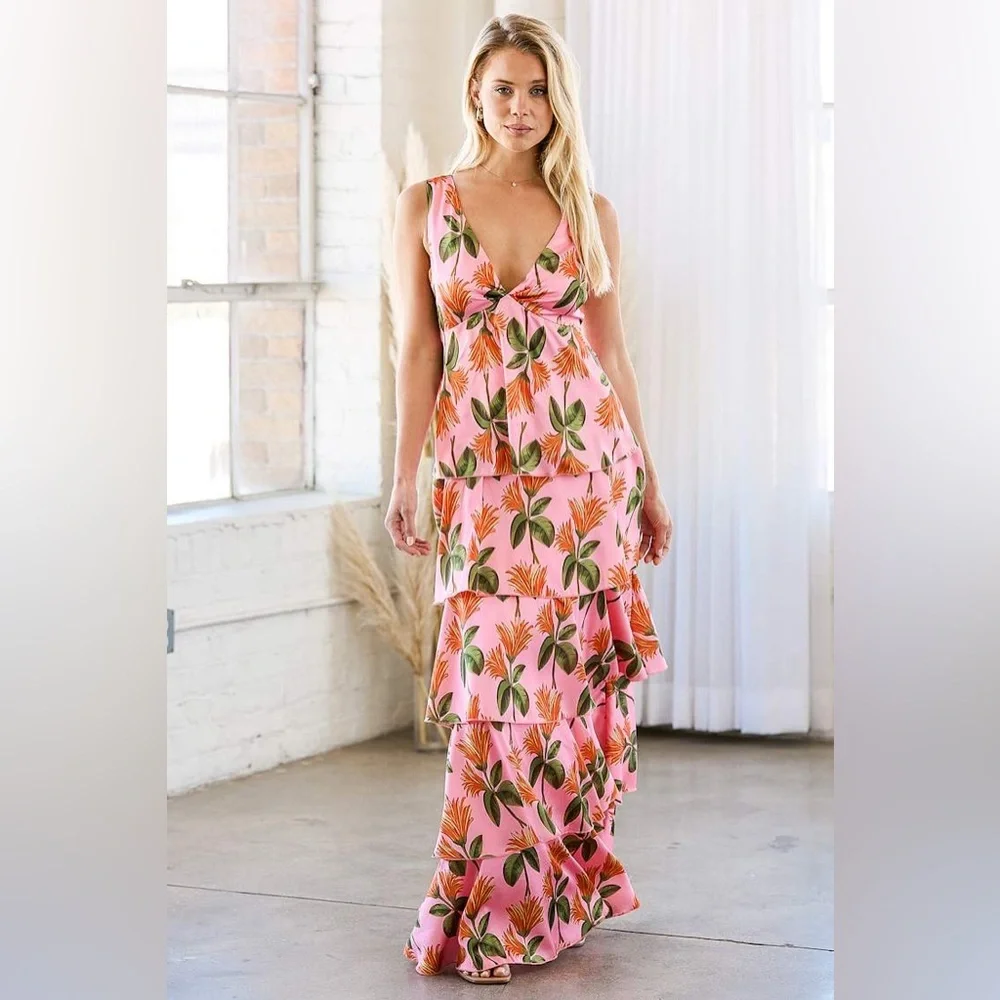 LULUS Party In Palm Springs Pink Floral Tiered Maxi Dress Satin Size medium - Picture 1 of 13